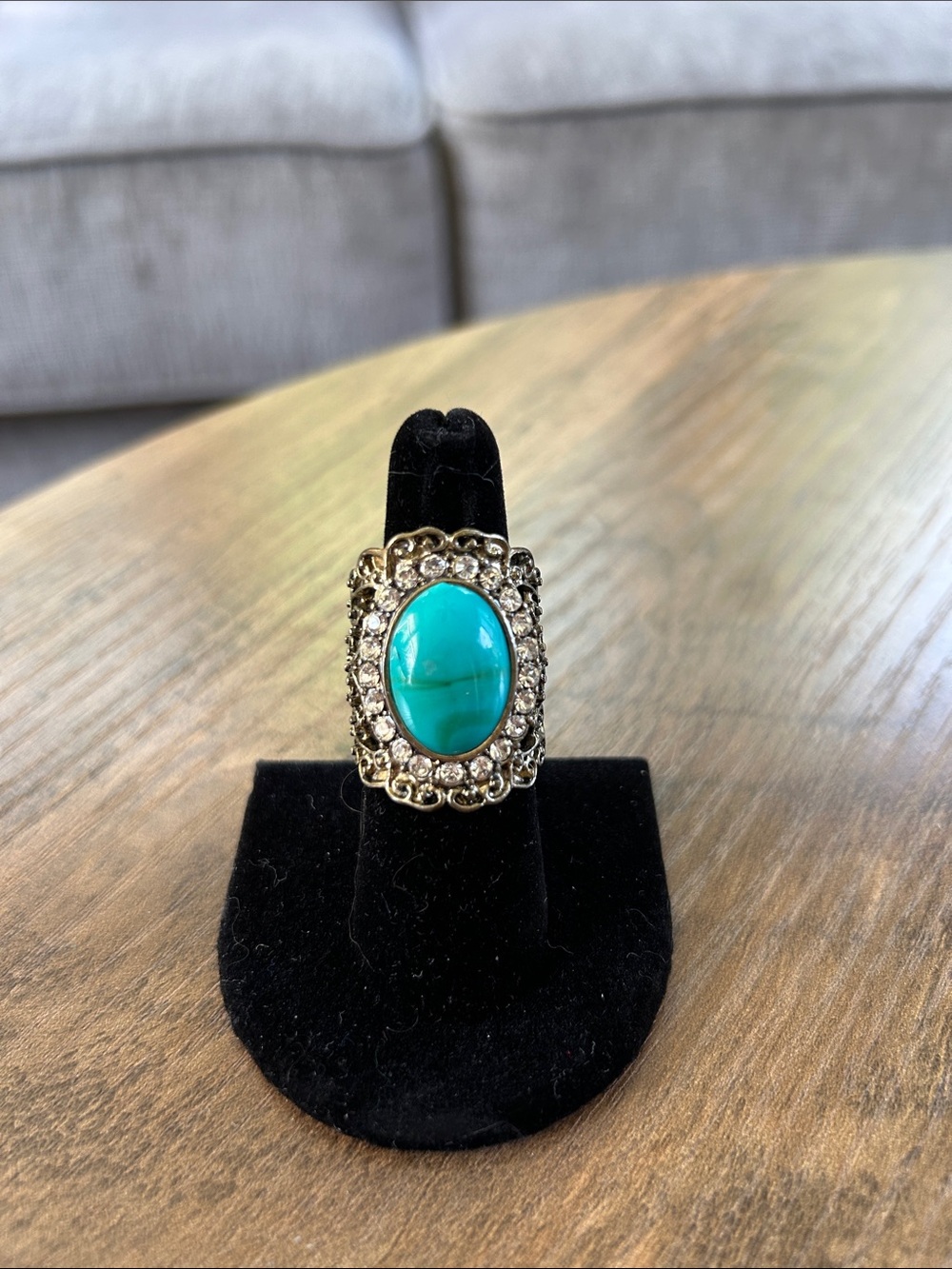 Vintage Turquoise Oval Statement Ring with Crystal Halo - Women Jewelry 7 1/2